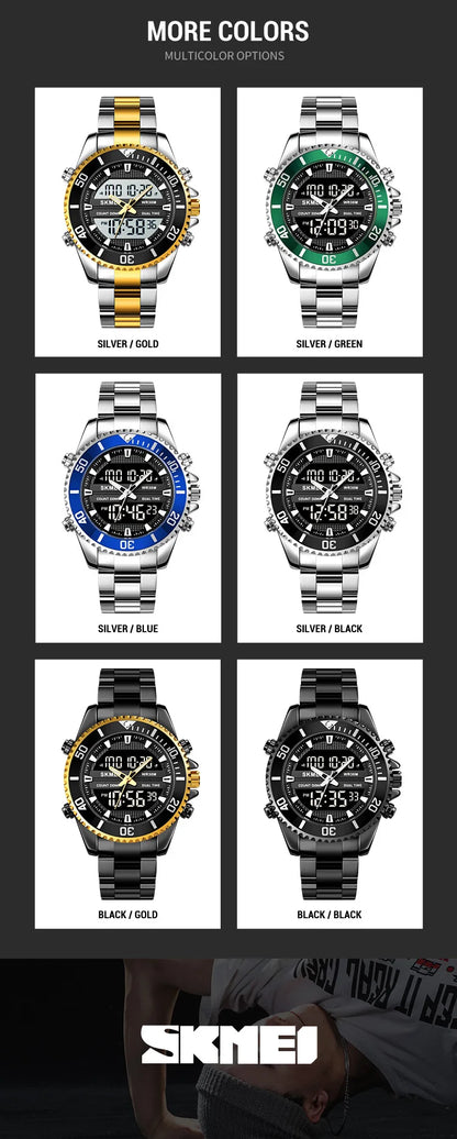 SKMEI 1850  Alarm Men Clock Waterproof Stainless Steel Relogio Masculino Dual Display Watches Mens Fashion Digital Wristwatches