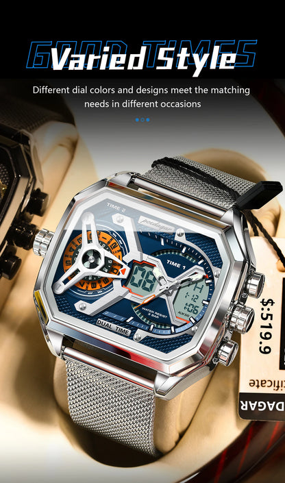 POEDAGAR Top Fashion Men Clock Rectangle Waterproof Date Week LED Man Watch Electronic Mesh Stainless Steel Quartz Men's Watches