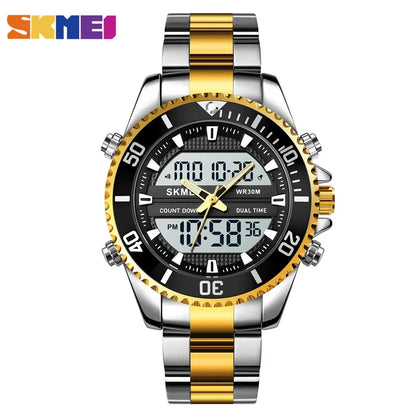 SKMEI 1850  Alarm Men Clock Waterproof Stainless Steel Relogio Masculino Dual Display Watches Mens Fashion Digital Wristwatches