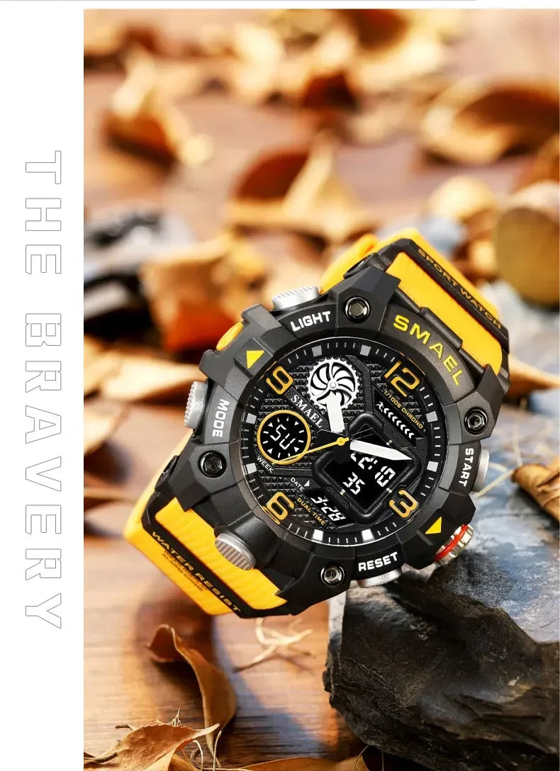 SMAEL Sport Chronograph Stopwatch Wrist Watches for Men Dual Display Waterproof Multi-Functional Digital Quartz Wristwatch Male
