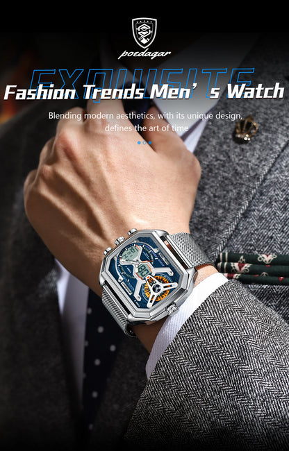 POEDAGAR Top Fashion Men Clock Rectangle Waterproof Date Week LED Man Watch Electronic Mesh Stainless Steel Quartz Men's Watches