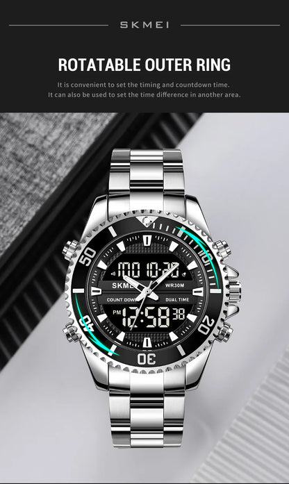 SKMEI 1850  Alarm Men Clock Waterproof Stainless Steel Relogio Masculino Dual Display Watches Mens Fashion Digital Wristwatches