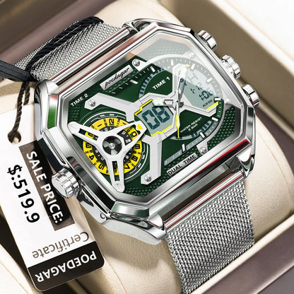 POEDAGAR Top Fashion Men Clock Rectangle Waterproof Date Week LED Man Watch Electronic Mesh Stainless Steel Quartz Men's Watches