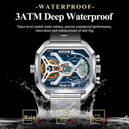 POEDAGAR Top Fashion Men Clock Rectangle Waterproof Date Week LED Man Watch Electronic Mesh Stainless Steel Quartz Men's Watches