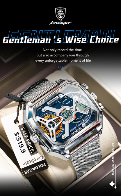 POEDAGAR Top Fashion Men Clock Rectangle Waterproof Date Week LED Man Watch Electronic Mesh Stainless Steel Quartz Men's Watches