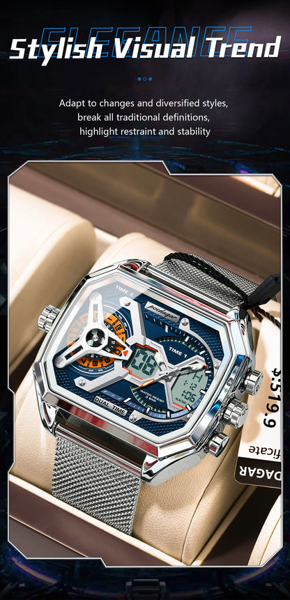 POEDAGAR Top Fashion Men Clock Rectangle Waterproof Date Week LED Man Watch Electronic Mesh Stainless Steel Quartz Men's Watches