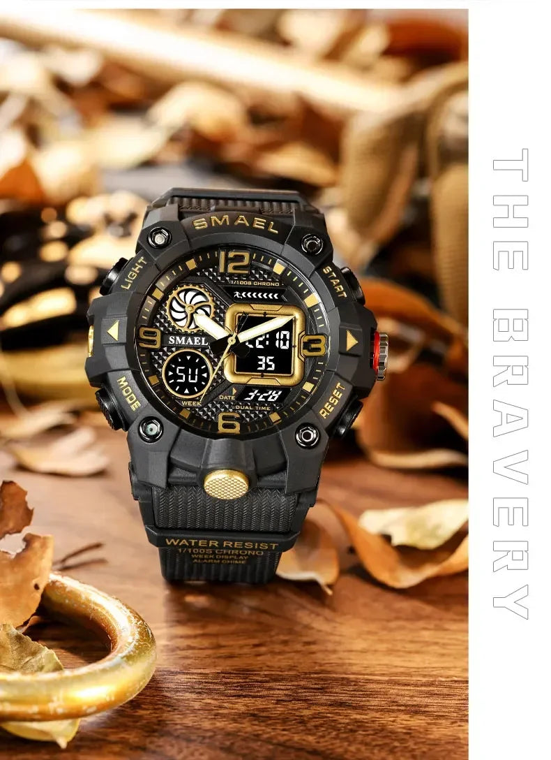 SMAEL Sport Chronograph Stopwatch Wrist Watches for Men Dual Display Waterproof Multi-Functional Digital Quartz Wristwatch Male
