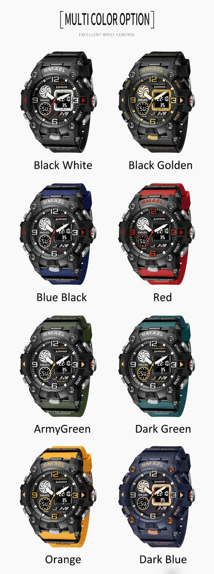 SMAEL Sport Chronograph Stopwatch Wrist Watches for Men Dual Display Waterproof Multi-Functional Digital Quartz Wristwatch Male