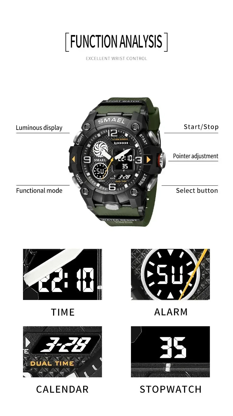 SMAEL Sport Chronograph Stopwatch Wrist Watches for Men Dual Display Waterproof Multi-Functional Digital Quartz Wristwatch Male