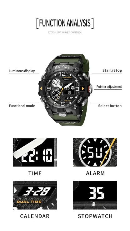 SMAEL Sport Chronograph Stopwatch Wrist Watches for Men Dual Display Waterproof Multi-Functional Digital Quartz Wristwatch Male