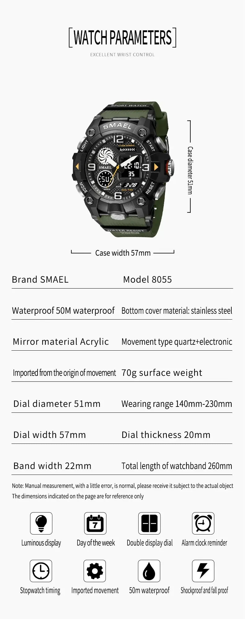 SMAEL Sport Chronograph Stopwatch Wrist Watches for Men Dual Display Waterproof Multi-Functional Digital Quartz Wristwatch Male