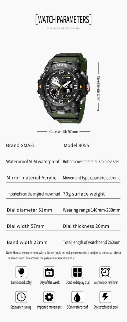 SMAEL Sport Chronograph Stopwatch Wrist Watches for Men Dual Display Waterproof Multi-Functional Digital Quartz Wristwatch Male