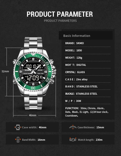 SKMEI 1850  Alarm Men Clock Waterproof Stainless Steel Relogio Masculino Dual Display Watches Mens Fashion Digital Wristwatches