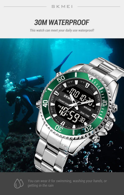 SKMEI 1850  Alarm Men Clock Waterproof Stainless Steel Relogio Masculino Dual Display Watches Mens Fashion Digital Wristwatches